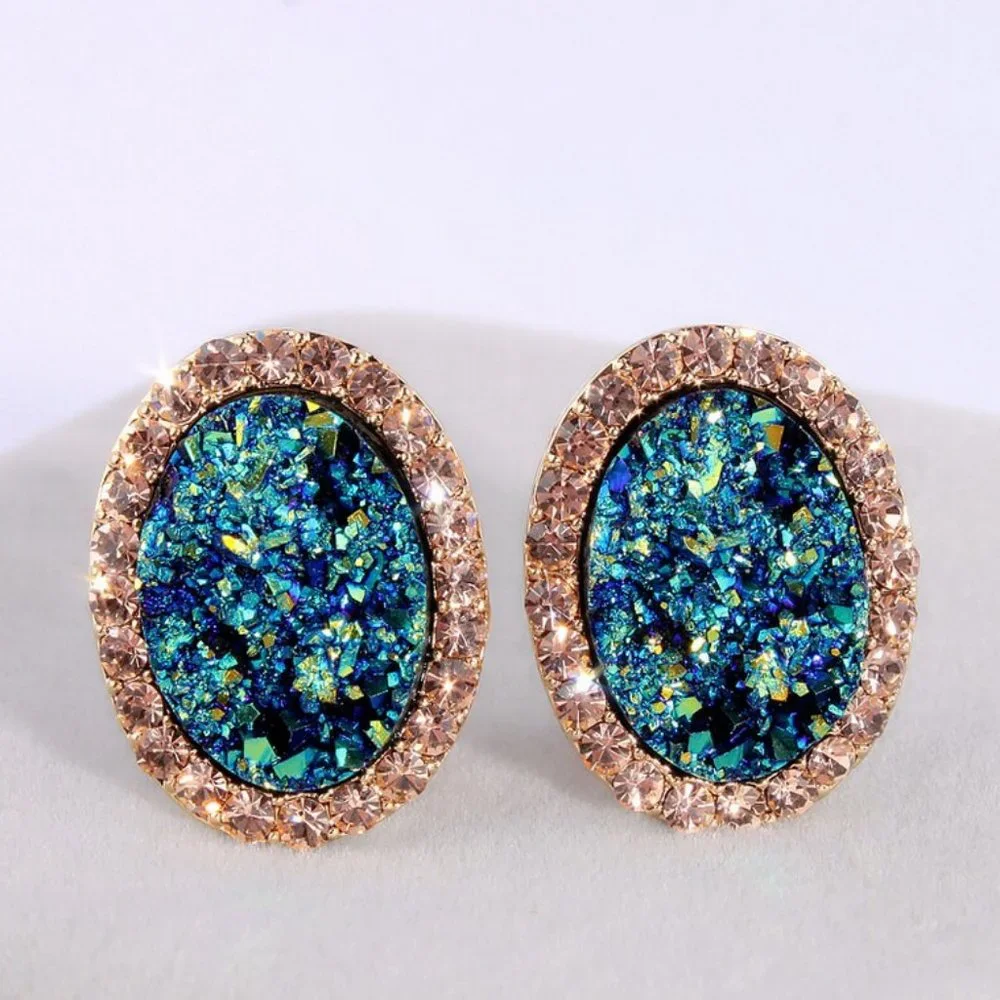 Round Stud Blue Multi Colored Stone with Halo - Picture 1 of 6